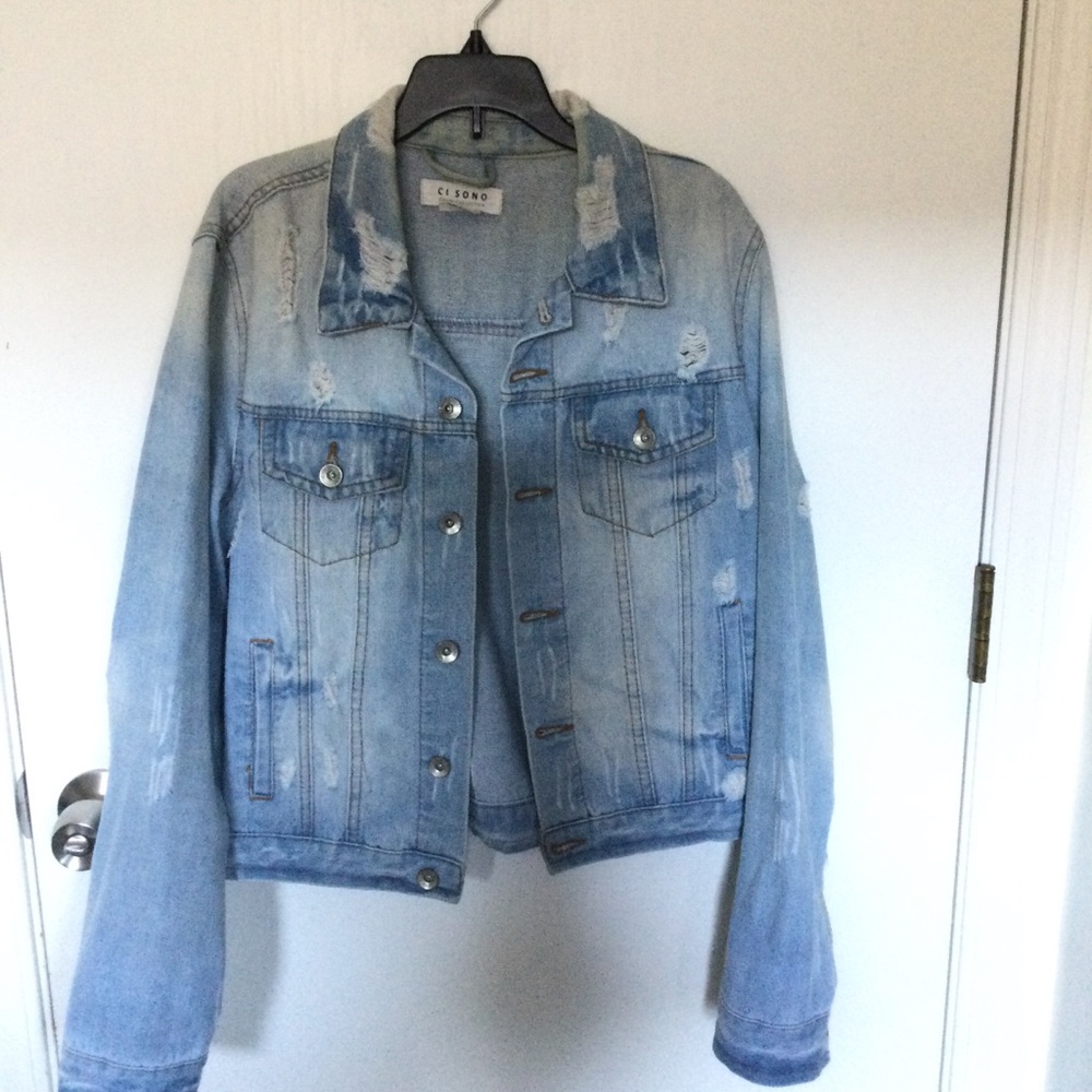Distressed Blue Denim Jacket light wash ripped button down pockets medium blue